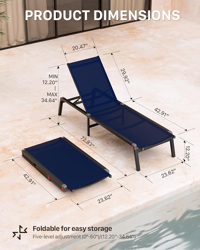 Aluminum Patio Chaise Lounge Chair Set of 2 with Side Table,5-Position Adjustable Backrest,Foldable Lounge Chair Outdoor,Pool Lounge Chairs for Poolside,Lawn,Deck,Beach (Navy Blue, 2 Pack+Table)