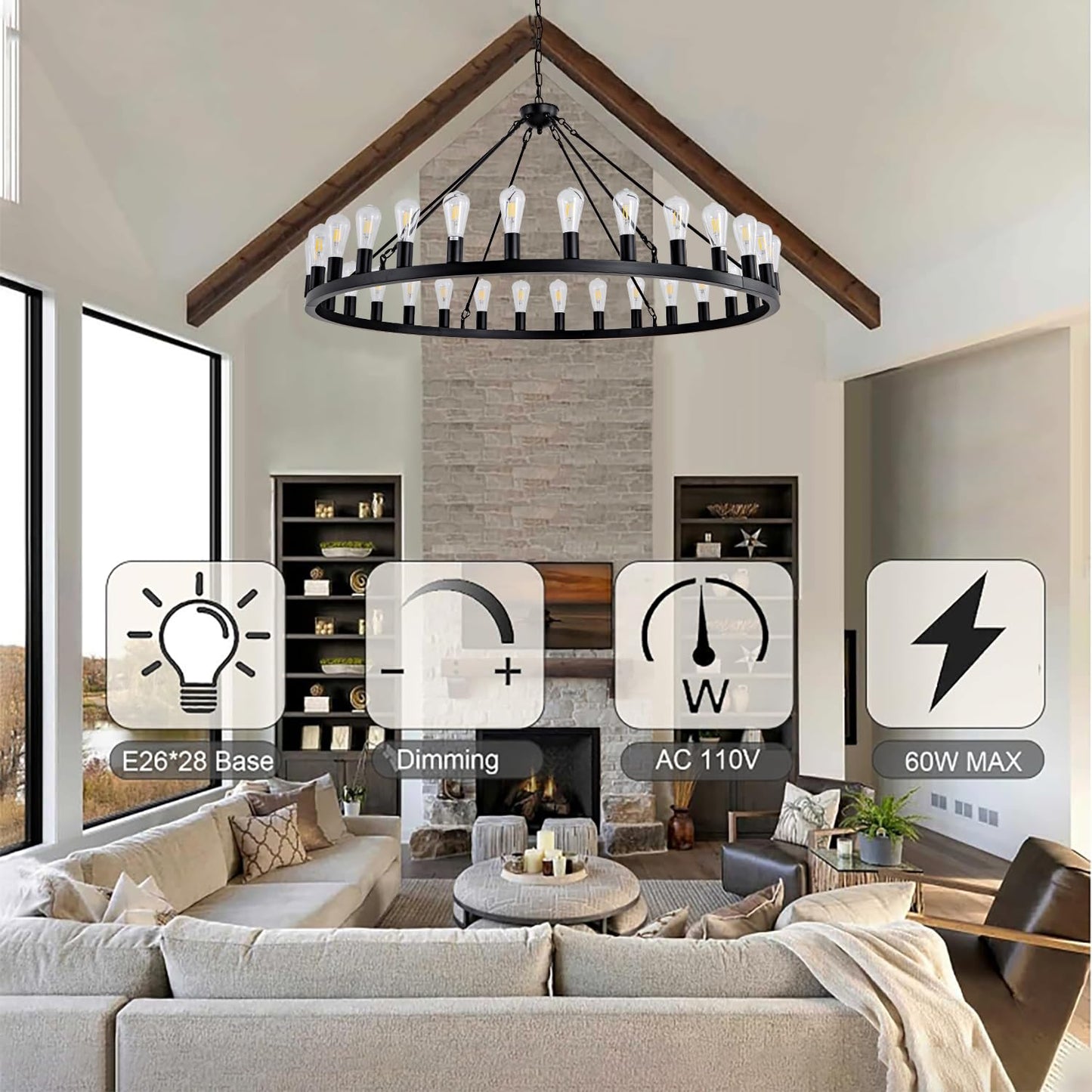SARUDIIR Wagon Wheel Chandelier Farmhouse 53" 30-Light Large Black Farmhouse Round Wheel Chandelier Light fixtures Outdoor Wagon Wheel Chandeliers for Porch high Ceilings Dining Room Living Room