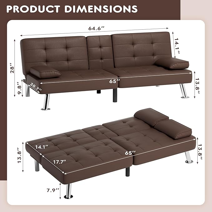 JUMMICO Faux Leather Futon Sofa Bed Futon Couch with Removable Armrests Adjustable Sleeper Sofa Bed with 2 Cup Holders for Living Room (PU Leather, Brown)