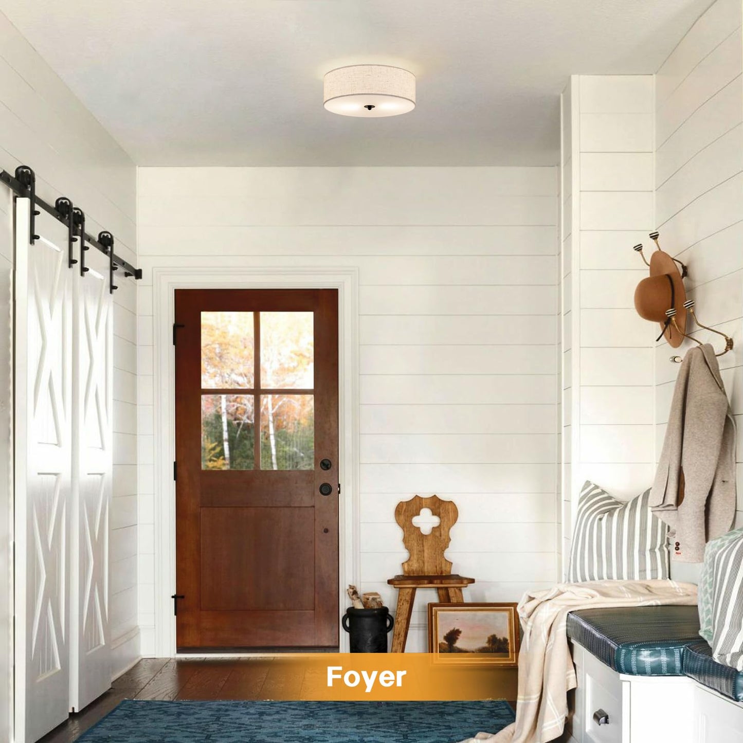 CALOKES Flush Mount Ceiling Light Fixture, 13" Close to Ceiling Light with Beige Fabric Linen Drum Shade, 2-Light Modern Round Ceiling Light for Bedroom Hallway Dining Kitchen