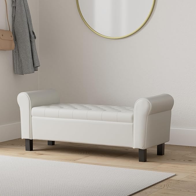 Babion Storage Bench for Bedroom End of Bed, Button Tufted Storage Ottoman Bench 51Inch, End of Bed Storage Bench with Upholstered, Rolled Arm Window Bench Seat with Solid Wood Legs, Beige