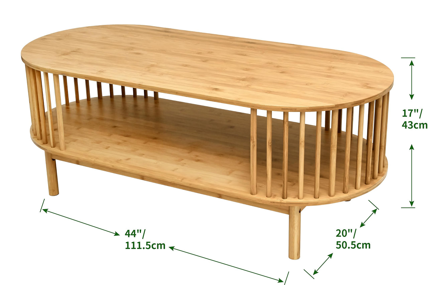 VaeFae Oval Coffee Table, Bamboo Coffee Table for Living Room, 2-Tier Farmhouse Center Table with Storage Shelf