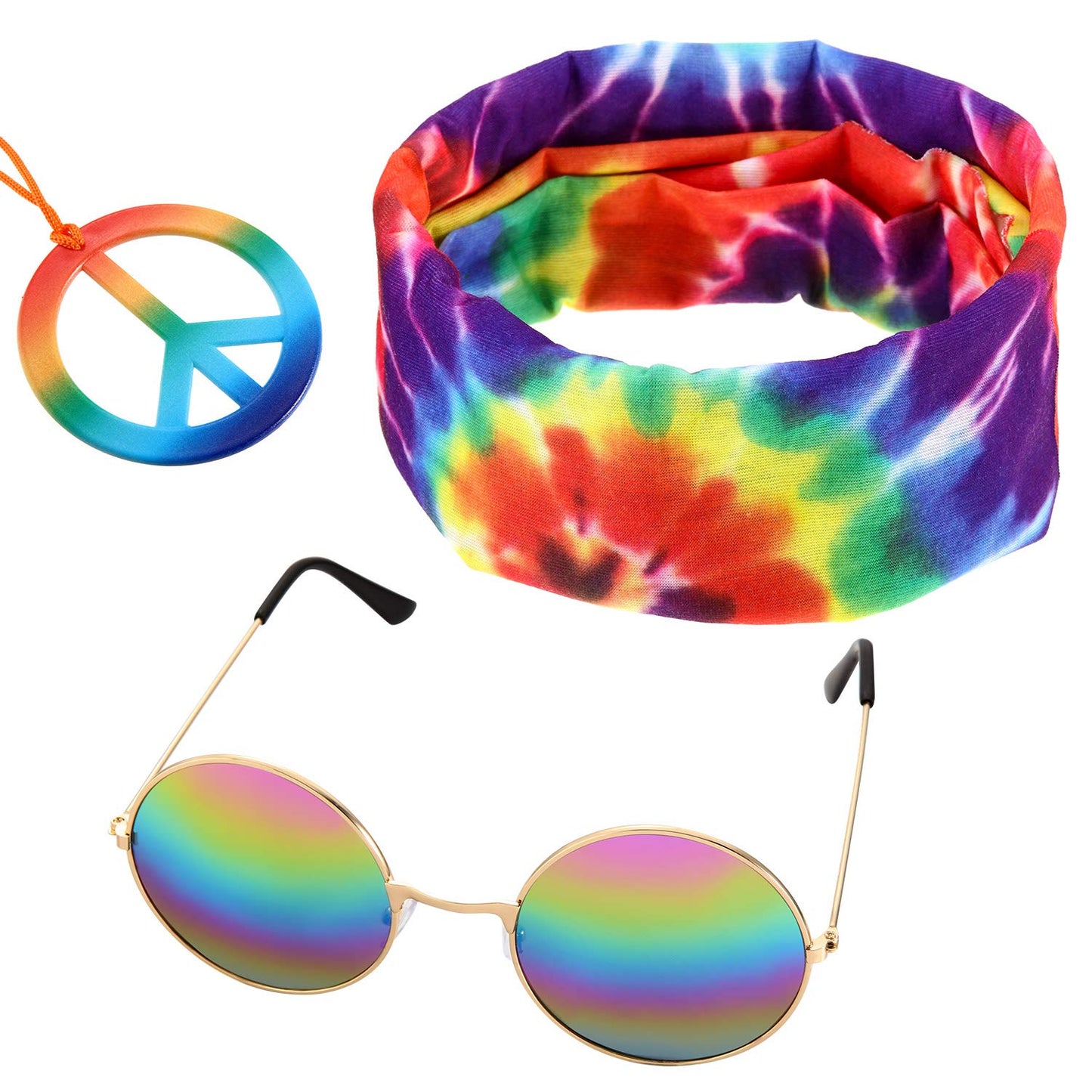 Frienda 3 Pcs Hippie Accessories Costume 70s Tie Dye Rainbow Leopard Outfits, Hippie Headbands for Men Peace Sign Necklace Sunglasses, Rainbow Style