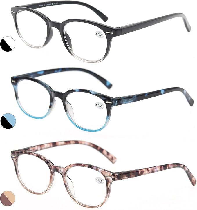 MODFANS Reading Glasses 2.5 Women 3 Pack Spring Hinge Fashion Round Stylish for Reading with Pouch