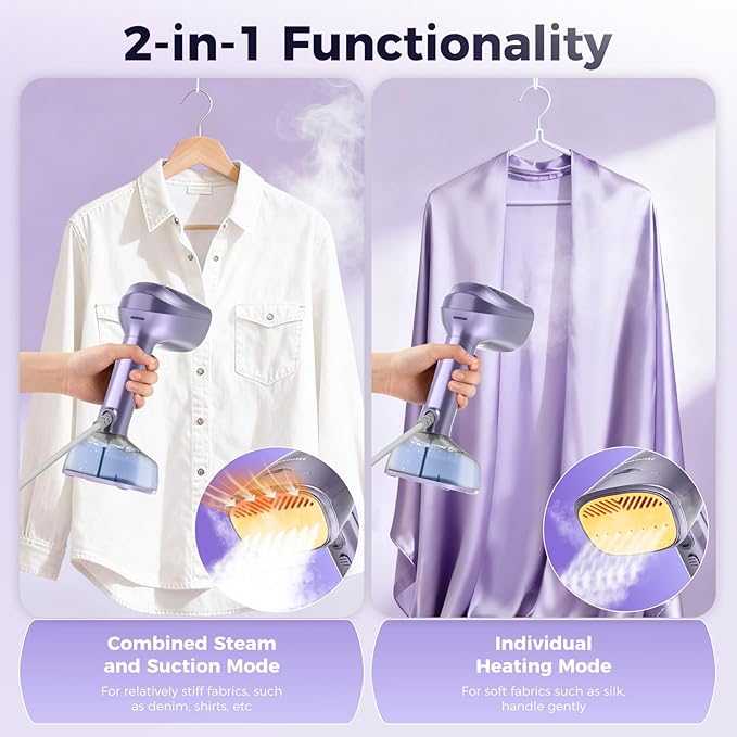 Vacuum Steamer for Clothes, Handheld Travel Garment Steamer with 3500Pa Suction and 400ml Big Capacity, 2-in-1 Steamer ＆ Iron with Large Ceramic Heat Panel, 110v-120v