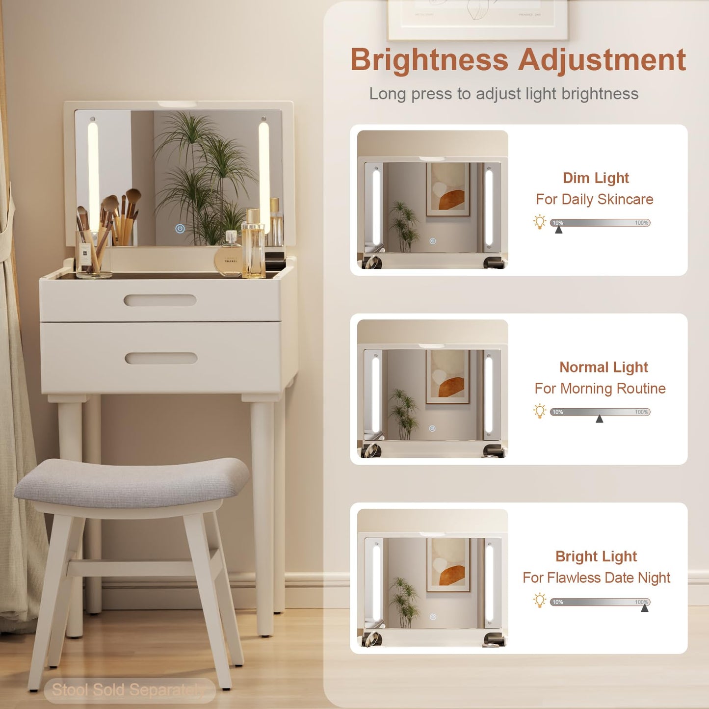 Muwuele Solid Wood Small Vanity Desk with Flip Top Mirror, Brightness Adjustable Lights, Compact Vanity with Glass Top and Drawers, Slim Dressing Table for Small Space, Bedroom, Living Room, White