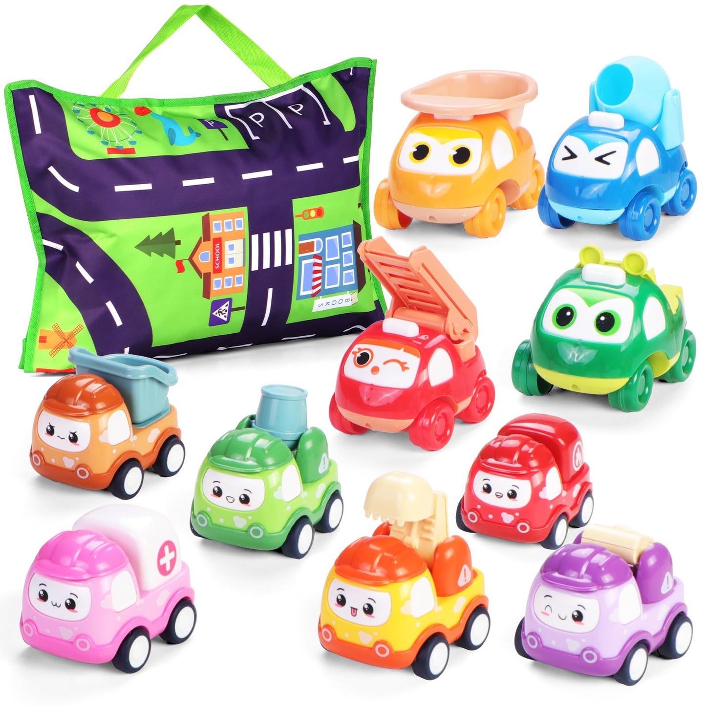 Lemofix Toy Cars for 1 Year Old: 10 Pack Cute Vehicle with Playmat for 1 2 Year Old Boy Birthday Gift - Baby Toys 12-18 Months