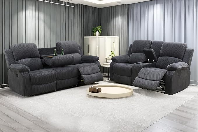 A Ainehome Living Room Furniture Set Grey Corduroy Recliner Sofa Set Loveseat Chair Furniture Sofa Set for Living Room/Rv/House/Office/Theater Seating (A-Dark Grey Corduroy, Sofa+Loveseat)