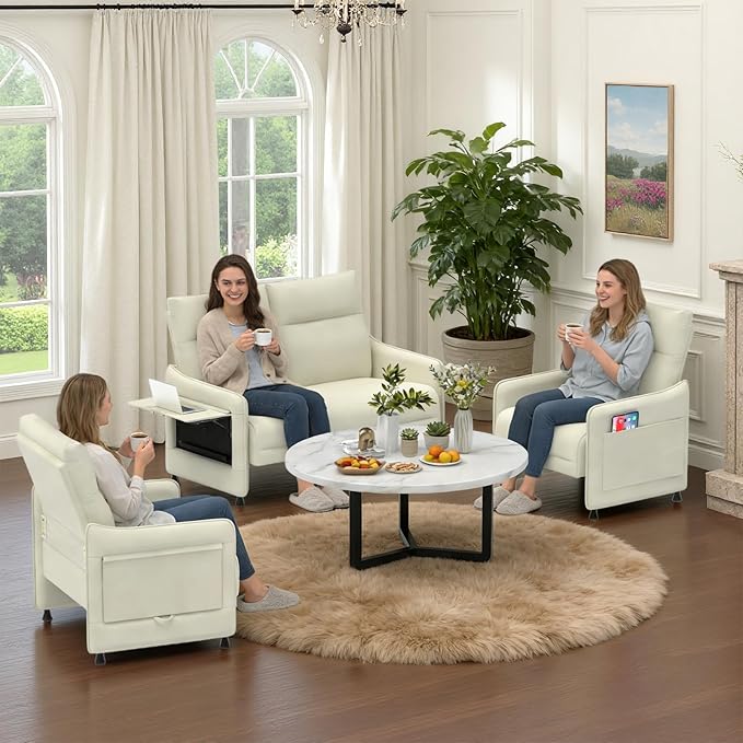 Tbillionnext 3-Piece Living Room Sofa Set, Faux Leather Loveseat & Accent Chairs Set of 2 with Hidden Foldable Tray & Side Pocket, Rear Contour Arm Design, Upholstered Sofa Set for Office, Beige