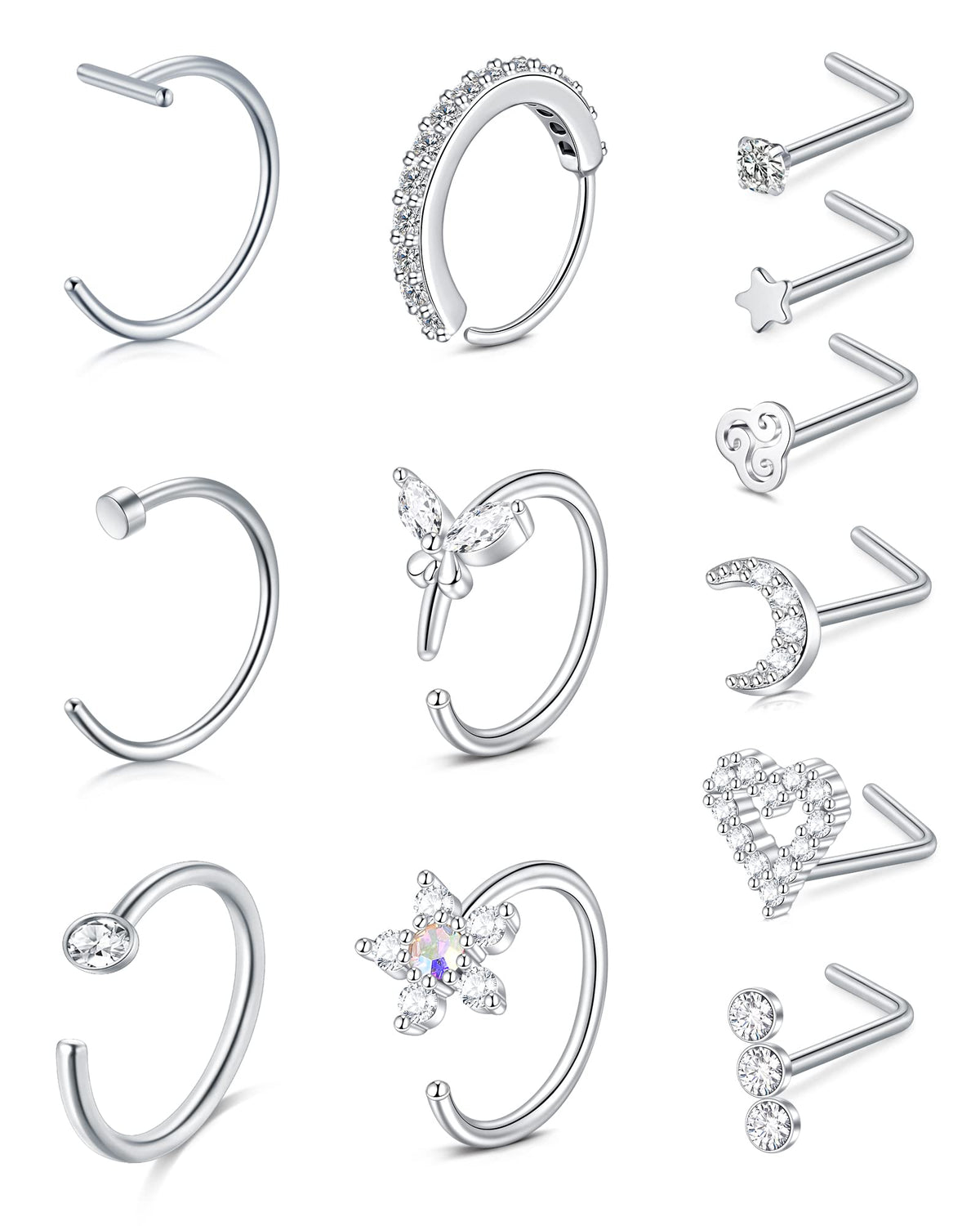 Anicina Nose Rings 18G Nose Rings Hoops Surgical Steel Nose Piercing Kit L Shape Nose Studs for Women CZ Heart Moon nose piercin