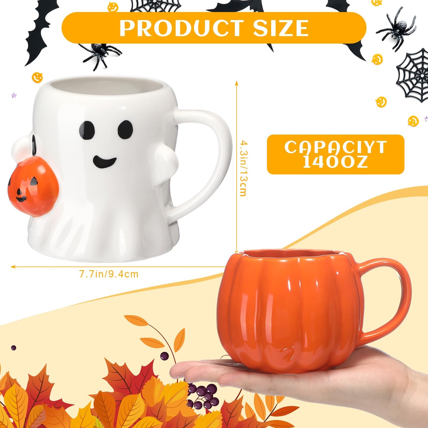 LemonRoad 2 Pcs Mug 14 oz Novelty 3D Cute Ceramic Coffee Cup Happy Pattern Mugs Gifts for Milk Tea Coffee Lover(Ghost Pumpkin)