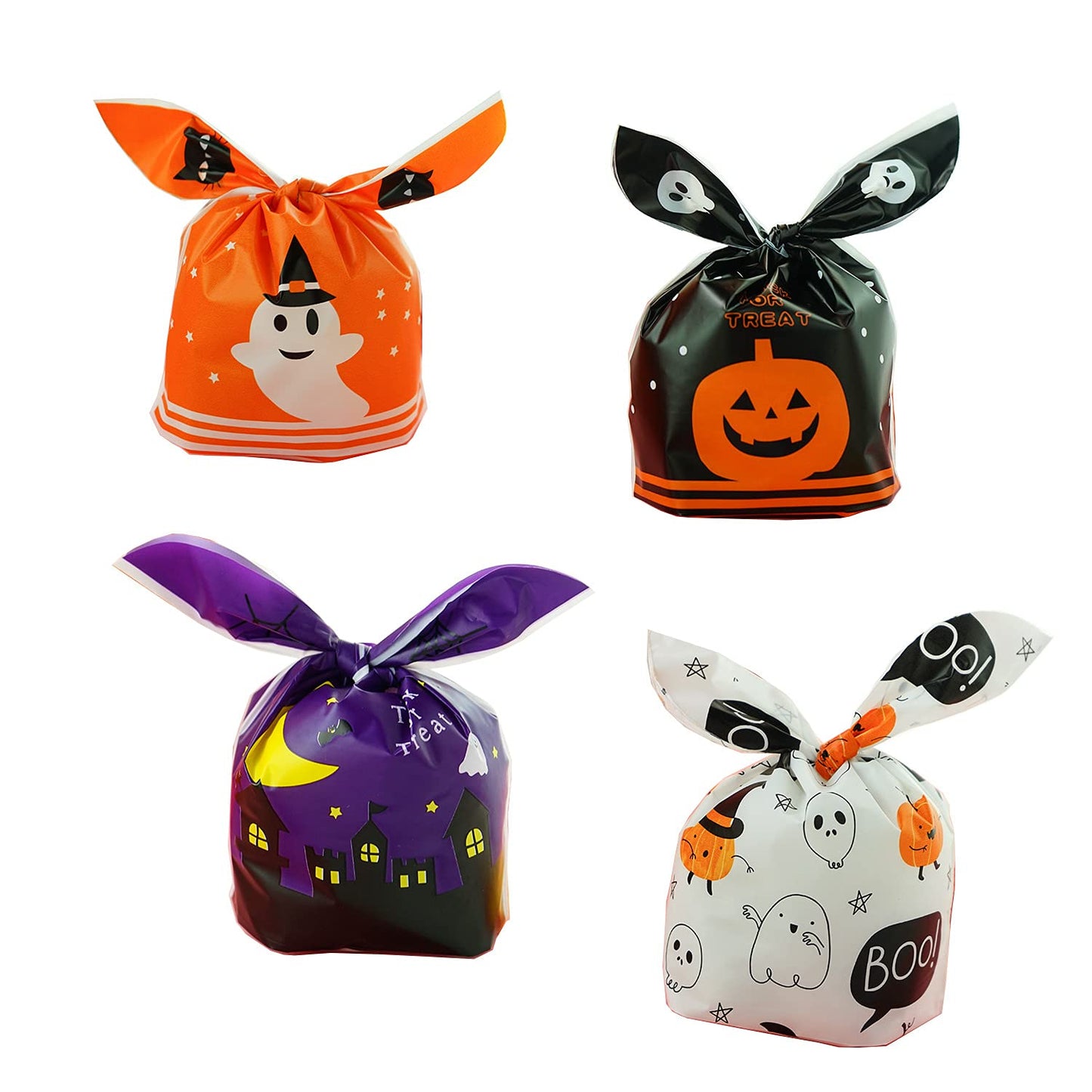 BPNHNA 50Pcs Halloween Goodie Bags Pumpkin Ghost Treat Candy Bags Ear Tie Cookies Bags Gift Bags for Party Favor(White)