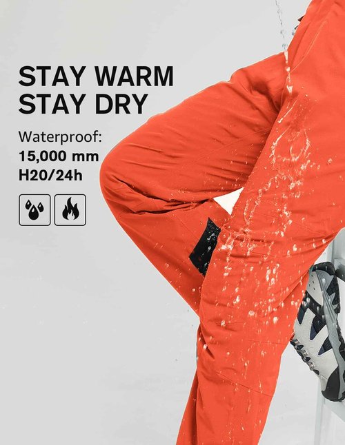 fit space Women's Insulated Warm Ski Snow Pants Waterproof 15,000mm Removable Suspenders Winter Hiking Snowboard Fleece Lined (XX-Large,Dark Orange)