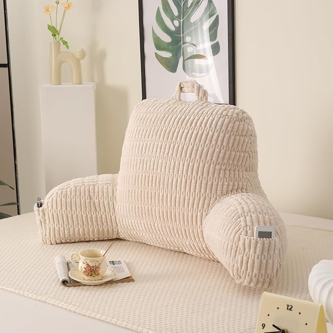 PAJEO Reading Pillow for Sitting in Bed, Large Backrest Reading Pillow with Arm Rest,Back-Rest Support Cushion for Sit Up on Couch, Sofa, and Floor, Dorm Essentials (Cream Corduroy, Standard(17"))