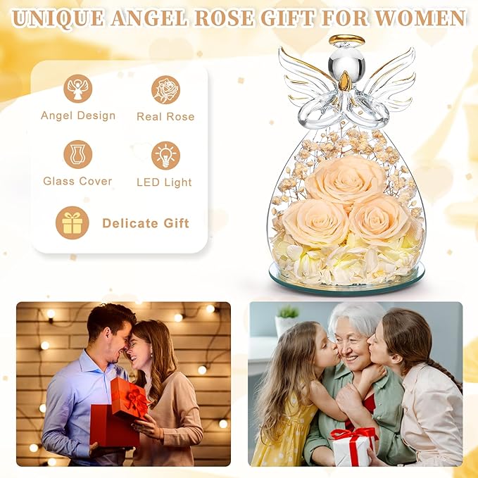 Beferr Valentines Day Rose Gifts for Her Women Mom Gifts for Birthday, Fresh Flowers for Delivery Forever Preserved Rose in Glass Angel Figurine, for Grandma Wife Daughter Girlfriend