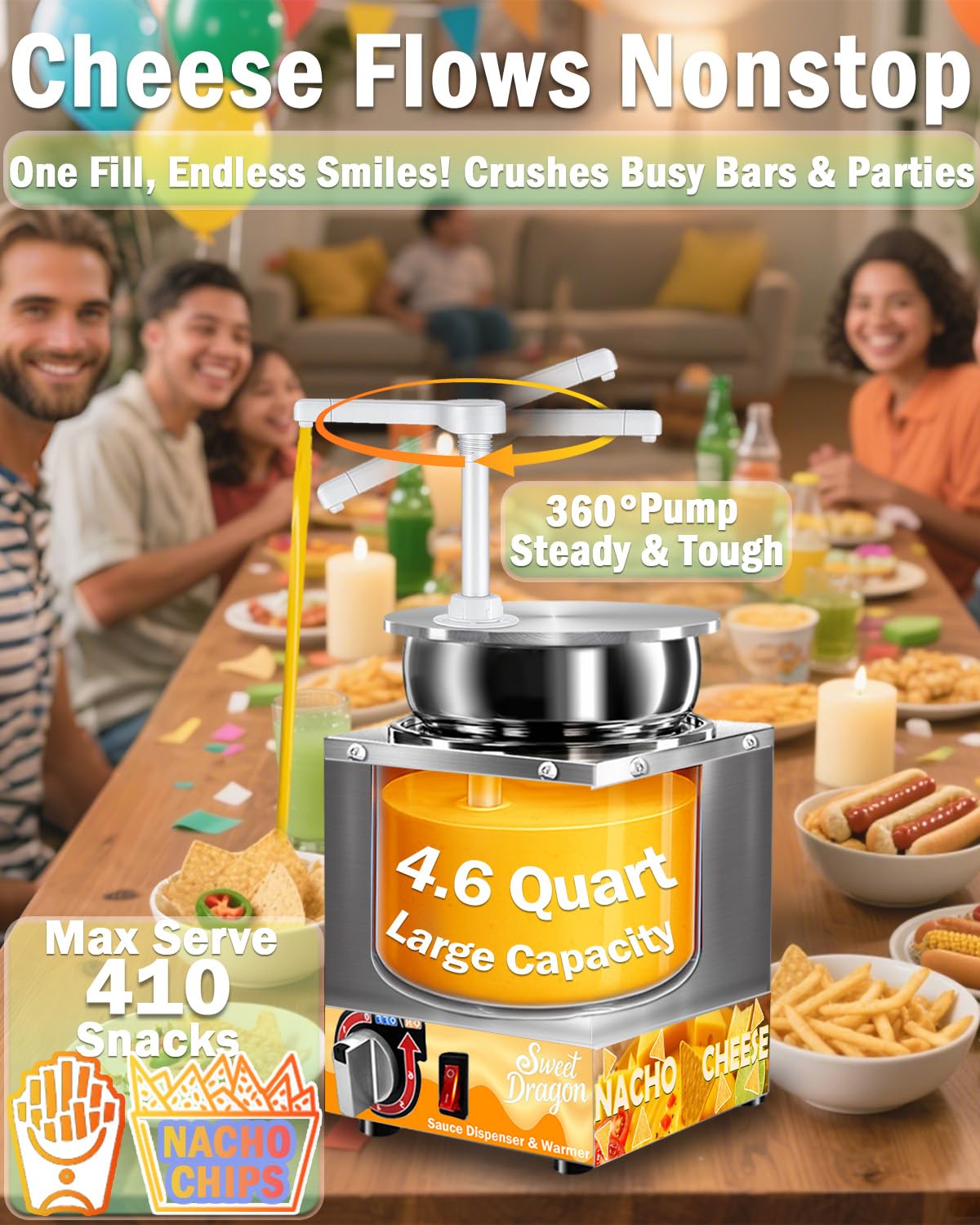 Nacho Cheese Dispenser, 4.6 Qt Nacho Cheese Dispenser with Pump, Stainless Steel Hot Fudge Cheese Warmer W/6-Level Temperature Adjustment, Commercial Sauce Dispenser for Butter Syrup Caramel