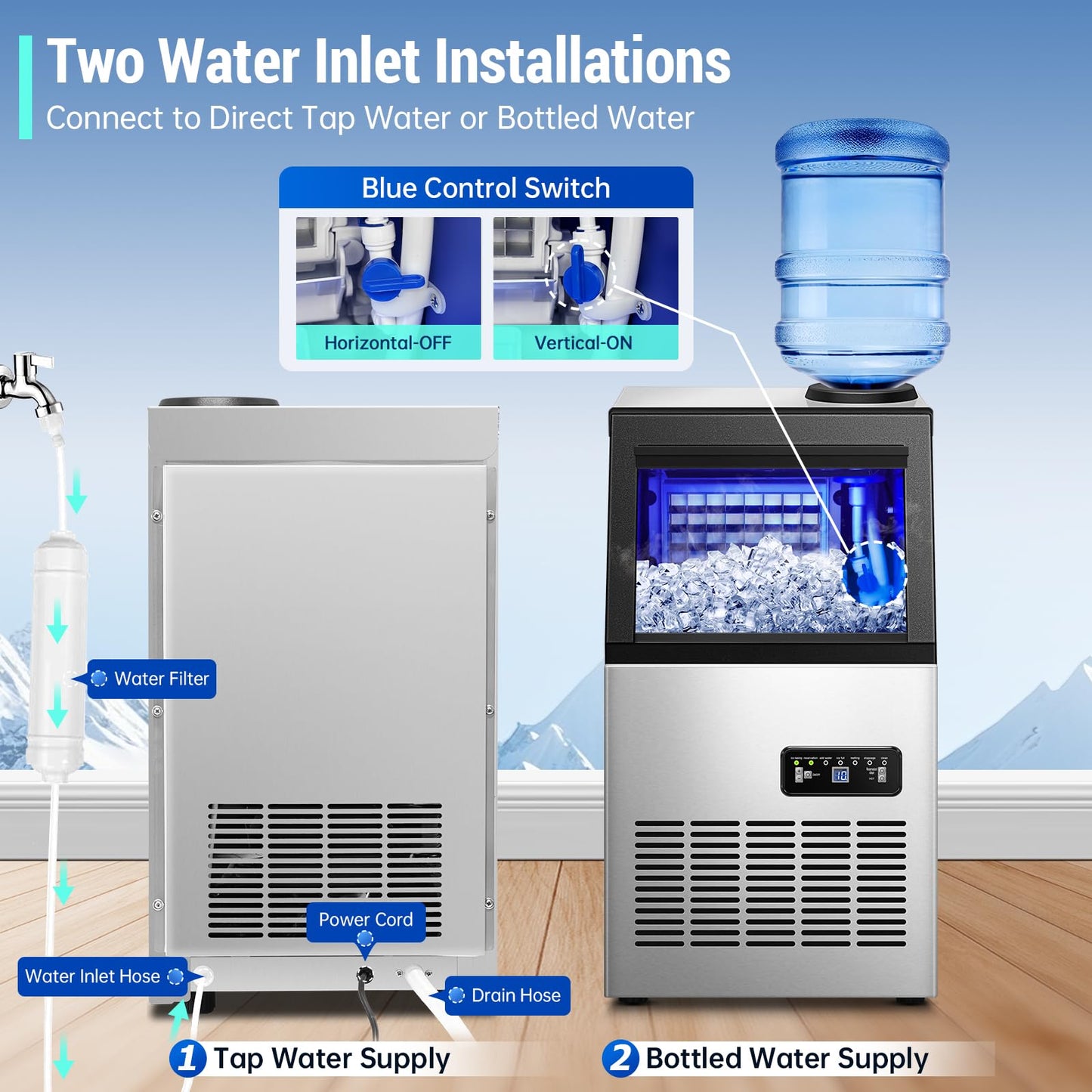 Amzgachfktch Commercial Ice Maker 120lbs/24H with 2 Water Inlet, Ice Maker Machine with 33lbs Storage, Auto Self-Cleaning, Under Counter/Freestanding Ice Maker for Home Shop Bar