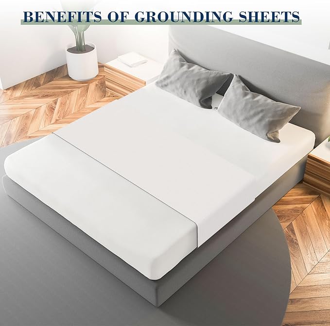 Grounding Mat for Bed 90% Organic Cotton+10% Pure Silver Fiber, Grounding Fitted Sheets for All Mattress Sizes, with Static grounding Cord and Test Pen(White, 105.4 * 23.5 inch)