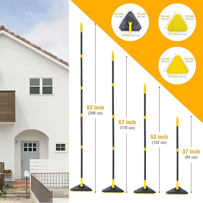Newly Upgraded Wall Mop with 82 Inches Long Handle, 180° Folding Baseboard Cleaner Tool Duster Buddy with Window Squeegee, 6 Replacement Pads for Cleaning Painted Wall, Ceiling, Wash Floor