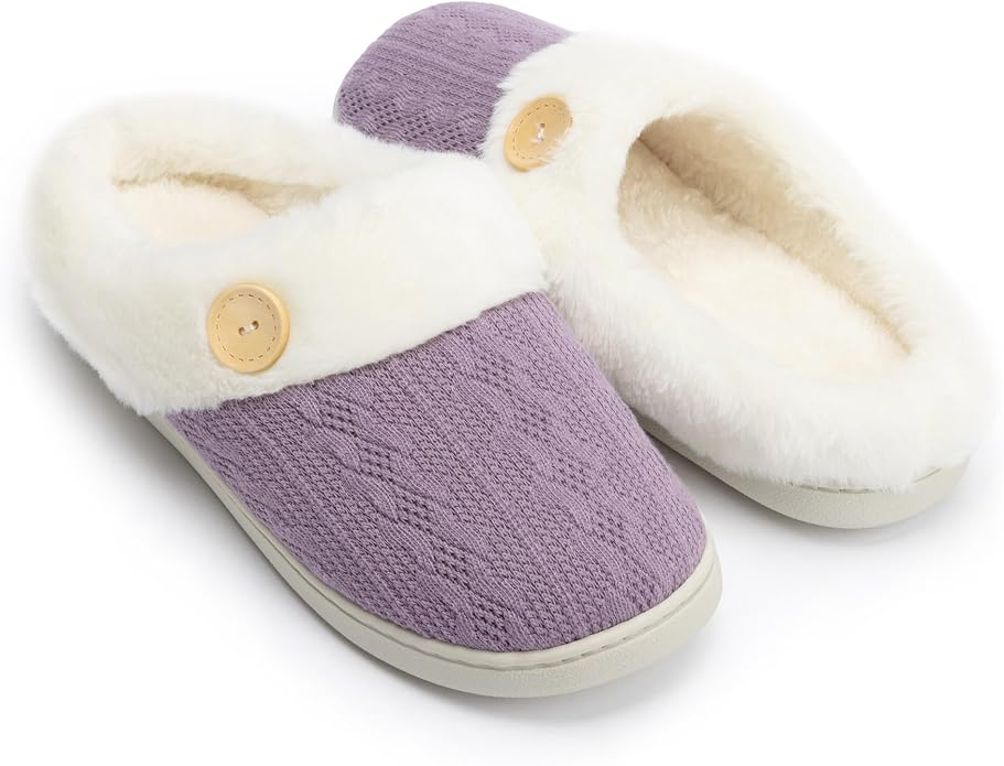 Chantomoo Womens Slipper Warm Comfy Memory Foam House Slippers Knitted Shoes Faux Fur Lined Anti-Skid Rubber Sole Bedroom ...