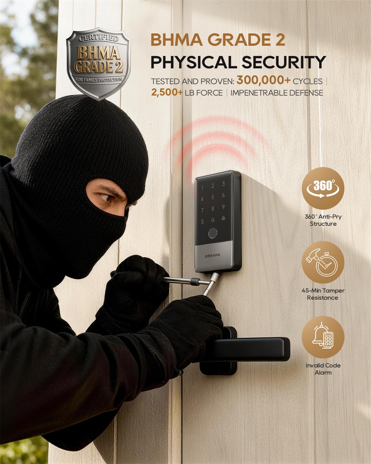 DREAME Wi-Fi Smart Door Lock for Front Door A10, Matter Over Thread, Works with Apple Home, Alexa, Google, AI Fingerprint Keyless Deadbolt Set, Auto Unlock, BHMA Grade 2, IP65 Waterproof