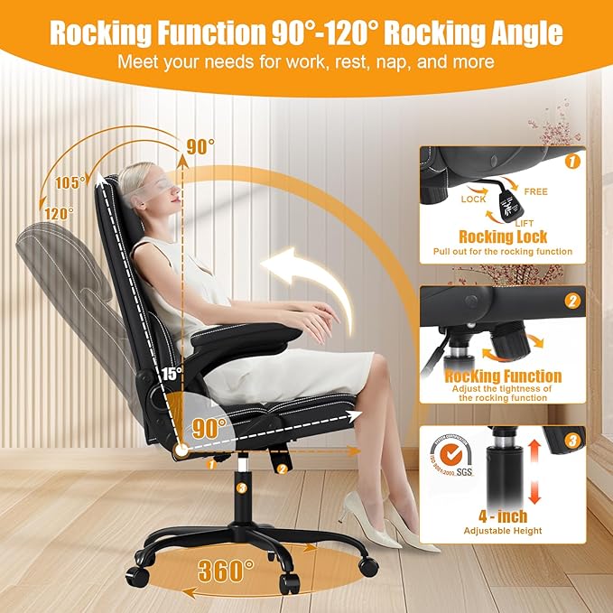 Executive Office Chair with Flip-up Armrests,Ergonomic Computer Desk Chairs,Mid-Tall Back Leather Office Chair 400 Lbs,Lumbar Support Swivel PC Chair with Rocking Function
