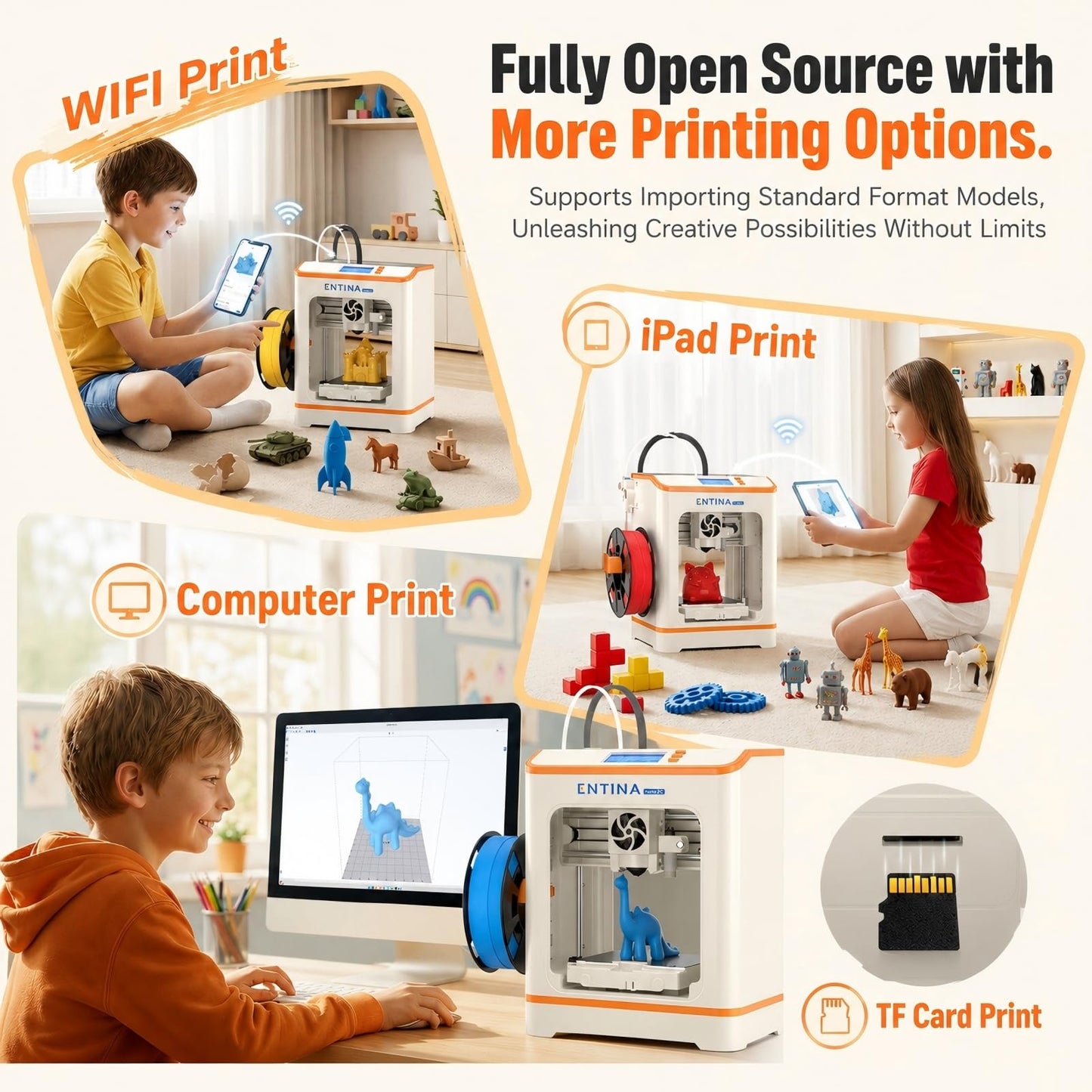 Entina Tina2C 3D Printer for Kids & Beginners, Fully Assembled Starter Mini 3D Printer, Start in 8 Mins, App & WiFi Control, Auto Leveling, 1500+ Model Library, 20+ Creative DIY Modules for STEM, Home