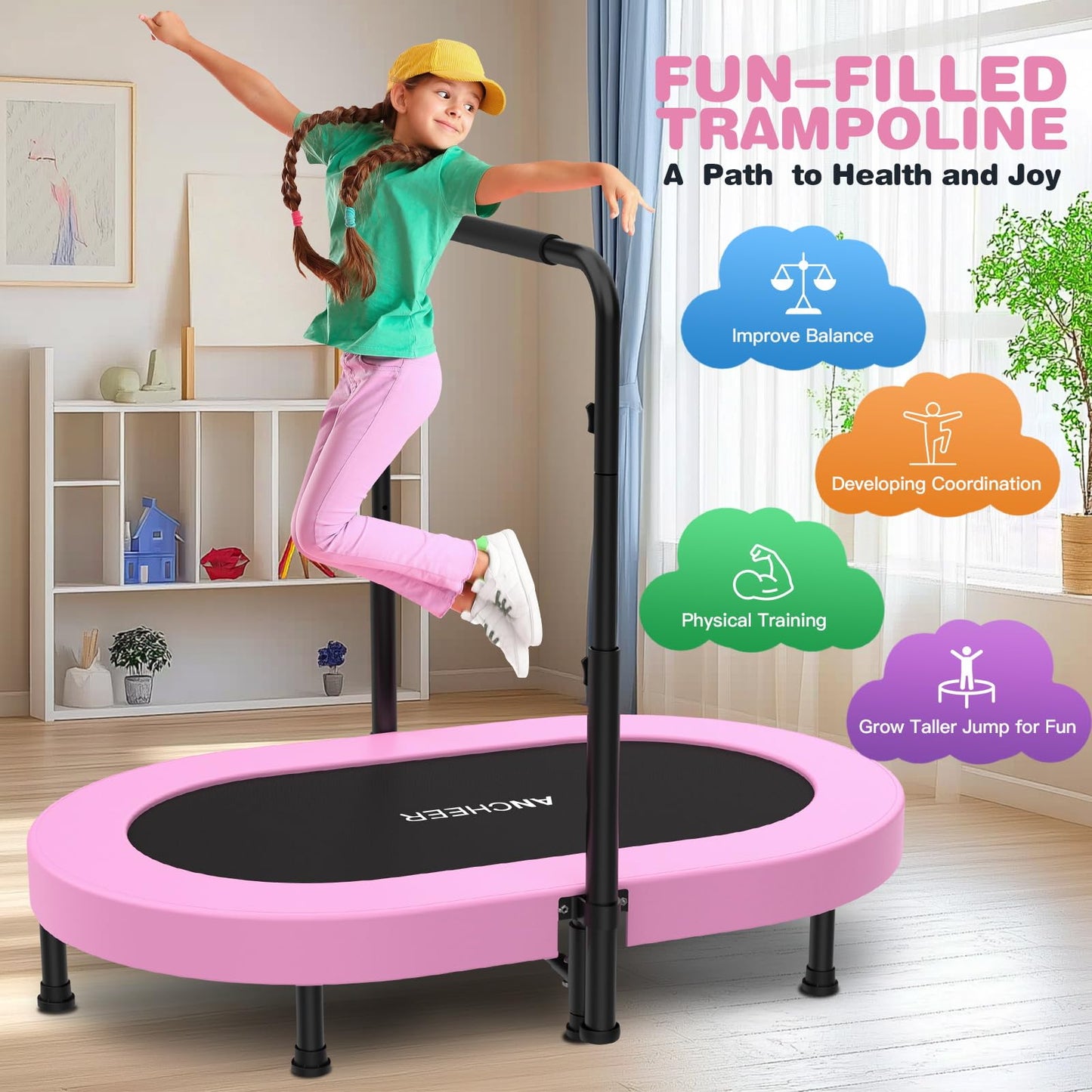 ANCHEER Mini Trampoline for Kids Indoor, Double Kids Trampoline with Adjustable Center Handlebar, 56"X36" Rebounder Trampoline Foldable, Max Load 220 LBS,Pink