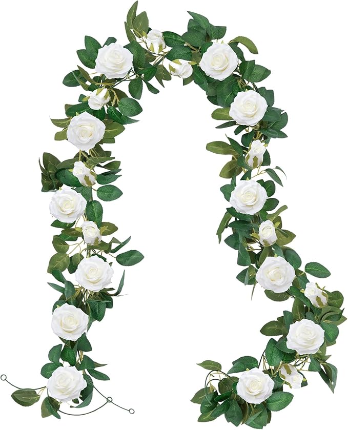U'Artlines 5 Pack Artificial White Rose Vines Floral Garlands Total 32.5 Ft Fake Vine Silk Flower Garland for Indoor Outdoor Home Wedding Arch Garden Wall Decoration