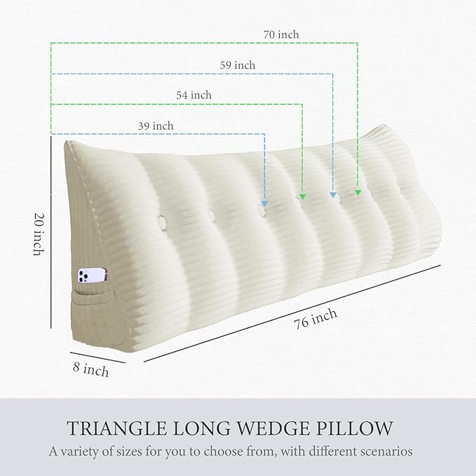 Wedge Headboard Pillow Dorm Room Reading Pillow Back Support for Sitting Up in Bed Bolster Lumbar Cushion Body Positioning Bedrest Corduroy (White, Twin (39 * 8 * 20in))