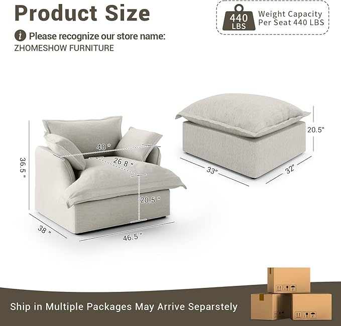 Lopzeho 48” Oversized Chaise Lounge Chair, Modular Sectional Sofa, Down Fill Cloud Couch with Washable Cover, Single Seater with Ottoman, Sectional Couches for Living Room Apartments, Light Gray