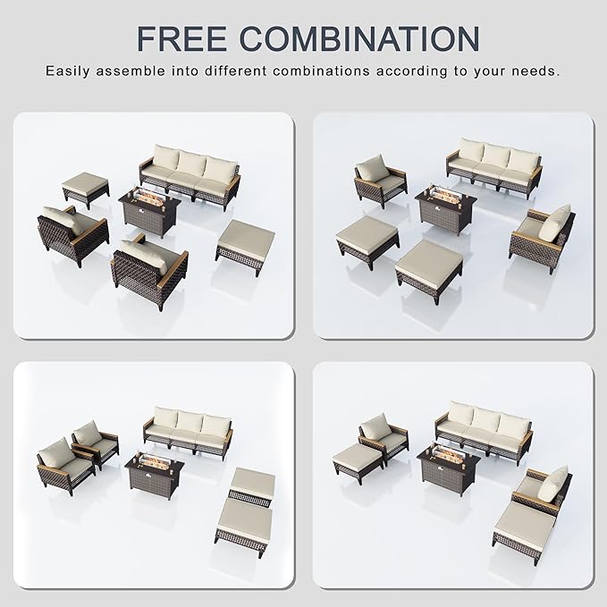 8 Pieces Outdoor Furniture Set, Modern Patio Conversation Sets with Fire Pit Table and Armchairs, Wicker Rattan Sofa Couches Chairs Ottomans for Porch, Deck, Balcony, Backyard, Yard (Beige Cushions)
