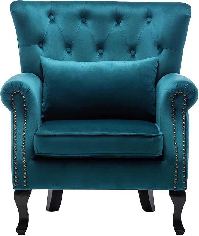 DM Furniture Mid Century Accent Chair Modern Button Tufted Armchair Wingback Club Chair Velvet Single Sofa Lounge Chair with Pillow for Living Room Bedroom, Teal Blue