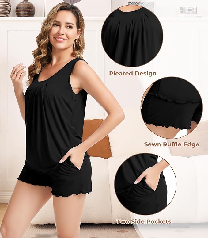 NACHILA Pajamas for Women-Viscose from Bamboo, Ribbed Racerback Tank Top Sexy Split Shorts Pajama Sets Cooling Sleep Cami Pjs