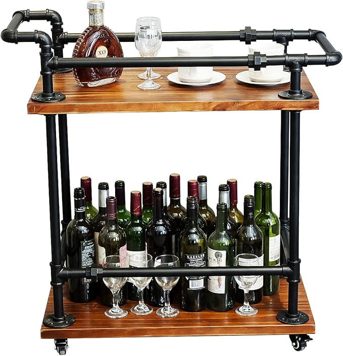 DOFURNILIM Industrial Pipe Bar Carts/Serving Carts/Kitchen Carts/Wine Rack Carts on Wheels with Shelves - Wood Rolling Carts - Wine Tea Liquor Shelves/Holder - Home Furniture
