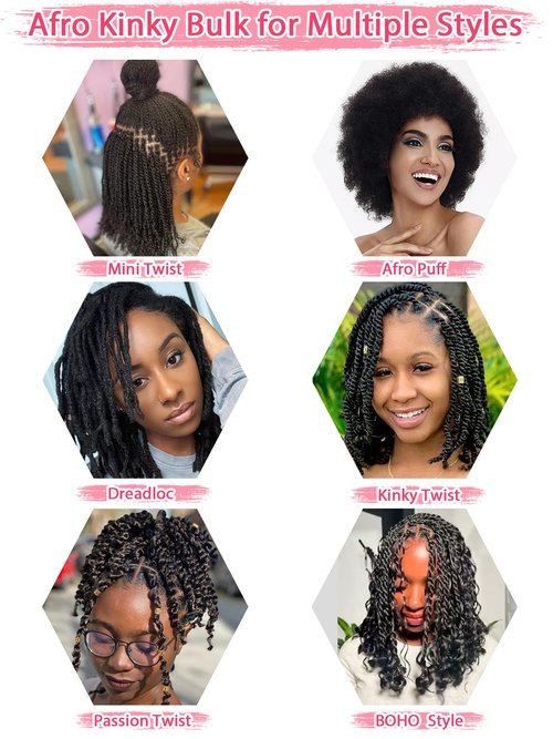 REBECCA FASHION Afro Kinky Bulk Human Hair 50g/Pack Braiding Hair for Dreadlock Extensions, Loc Repair, Afro Kinky Curly Human Hair Bulk for Twist 20 Inch Natural Black Color