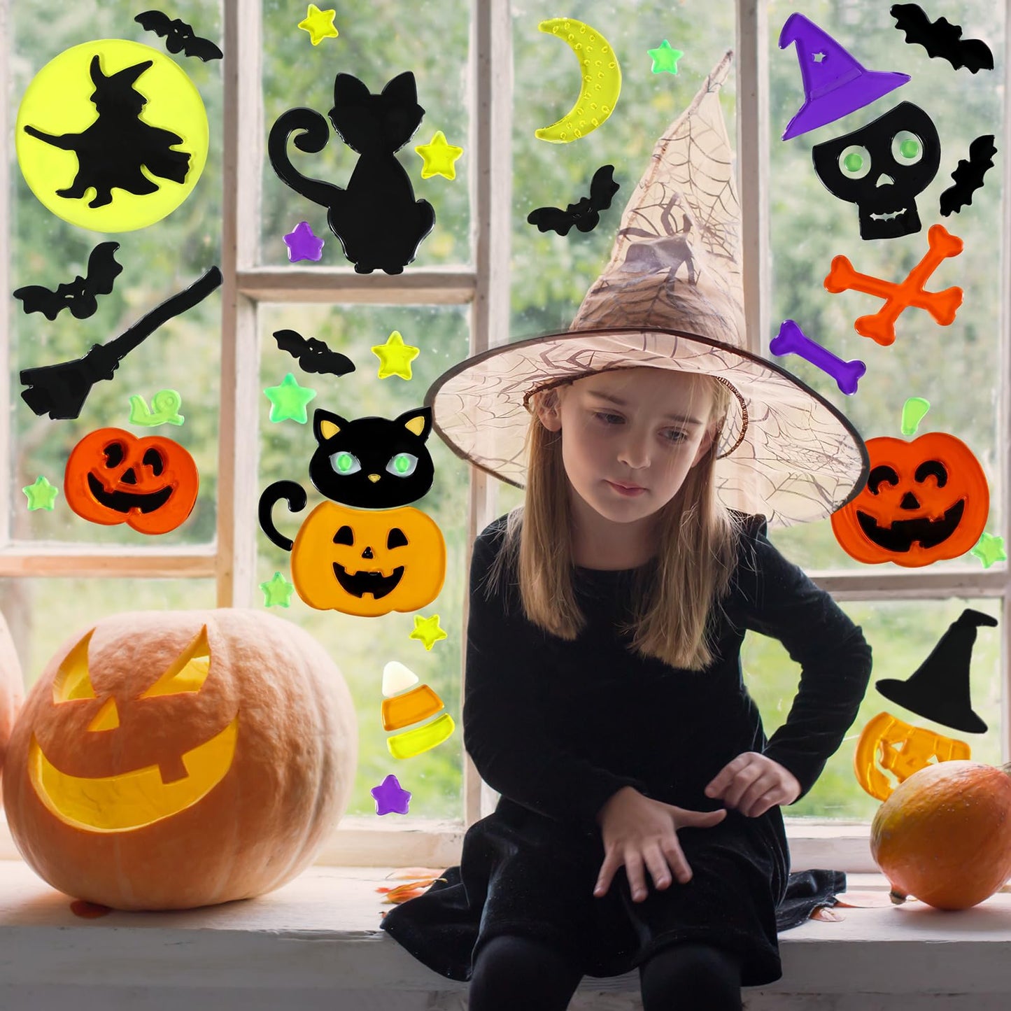 Sinload 6 Sheets Halloween Window Gel Clings Pumpkin Bat Witch Decal Stickers for Halloween Home Party Window Decorations