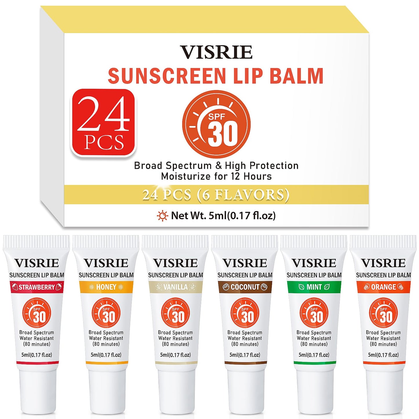 VISRIE SPF 30 Lip Sunscreen, SPF Lip Balm Bulk 24 Pack, Moisturizing Sunscreen Lip Balm with Vitamin E and Shea Butter, Non-Stic