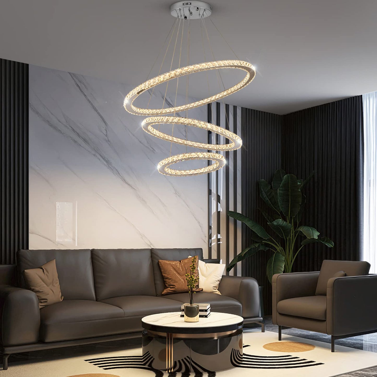 Siljoy LED Chandelier, Modern Ceiling Light Fixture with 3 Crystal Chandelier Lighting Rings, DIY & 3-Color Changing 3 Rings Adjustable Chandeliers for Living Room Dining Room Kitchen, D 12"-20"-28"