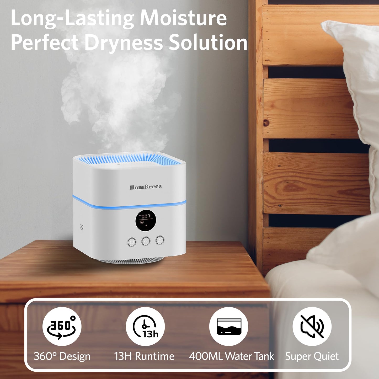 Hombreez Air Purifier And Humidifier Combo For Bedroom, Covers Up To 200Ft, H13 True Hepa Filter, 500Ml Water Tank, Quiet Cool M