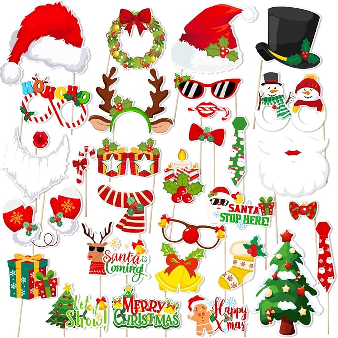 Christmas Photo Booth Props Kit, 31 Pcs Xmas Red Green Snowman Santa Bells Hat Snow Tree for Photoshoot Picture Fun Party ...