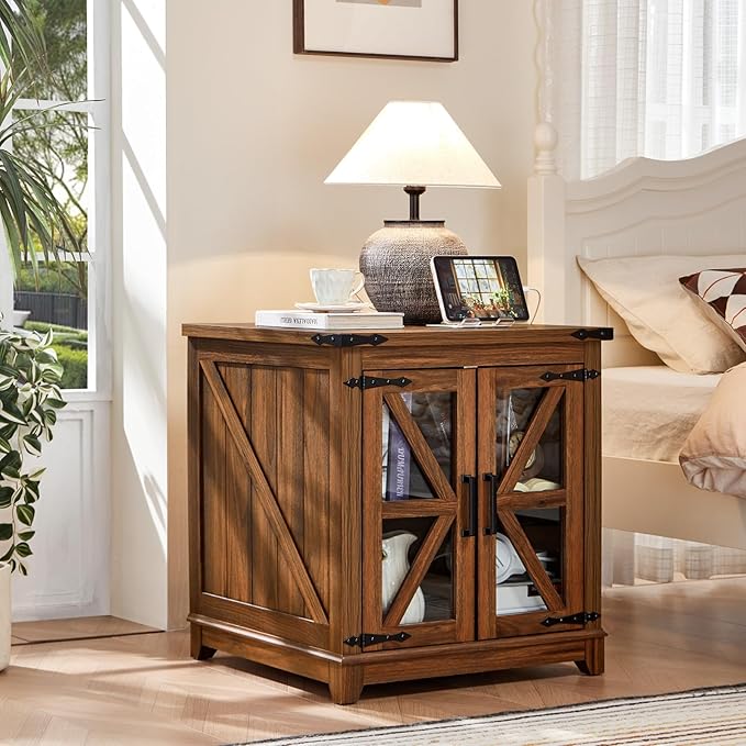 Joaxswe Farmhouse End Table with Charging Station, 24" Large Sofa Side Table with Glass Barn Door, Nightstand with Adjustable Storage Shelf,Wood Square Bedside Table for Living Room,Bedroom
