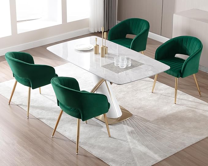 KCC Modern Accent Dining Chairs Set of 4, Upholstered Velvet Dining Room Chairs with Hollow Back, Tufted Kitchen Chairs Side Chairs with Gold Metal Legs for Living Room Restaurant, Green