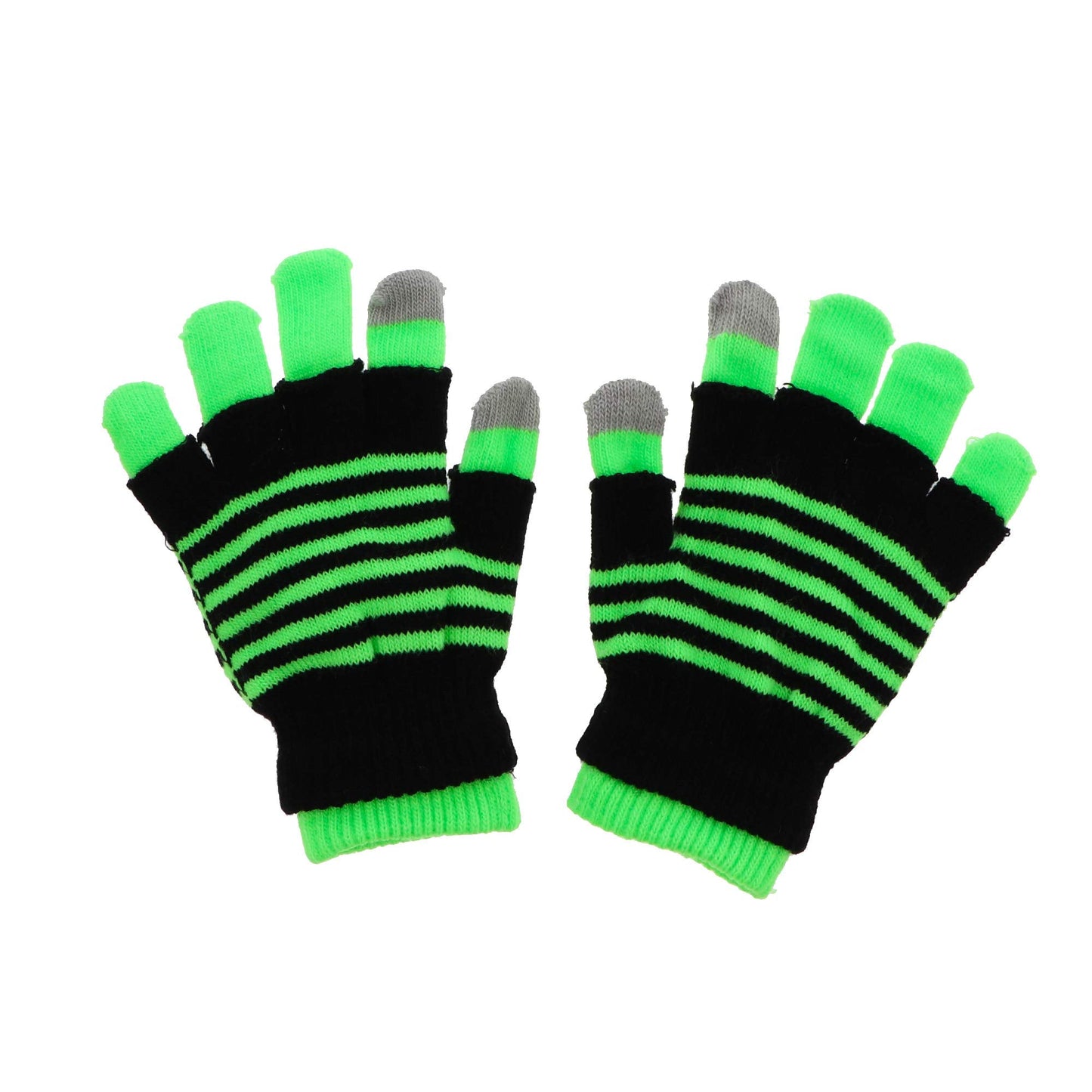 Motique Accessories Knit Fingerless and Regular Touchscreen Ladies Gloves Neon Stripes - 2 in 1 - Green