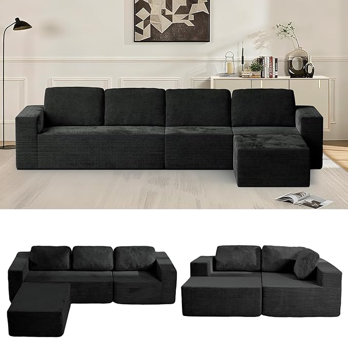 Furnify 136" Cloud Sectional Couch, Left/Right Facing Convertible Sofa with Deep Seat, L-Shape Modular Upholstered Foam Couch for Living Room Bedroom, No Assembly Required (Corduroy Fabric, Black)
