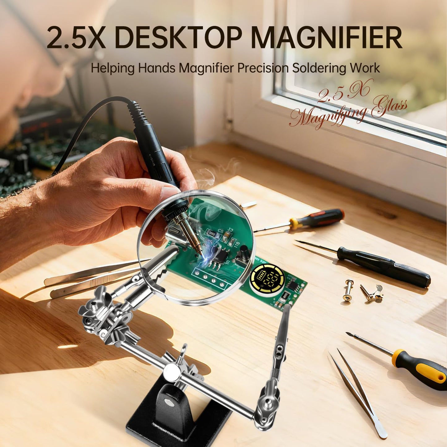 AORAEM Helping Hands Magnifier with Dual Adjustable Alligator Clips in 2.5X Magnifying Glass Soldering Station for Crafting, Hobby, Micro Objects (Not Include Battery)