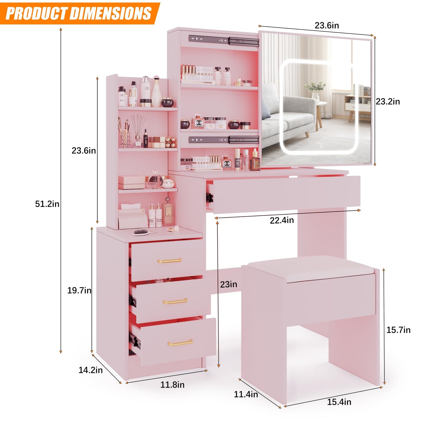 Vanity Desk with Sliding Mirror and Lights, Makeup Vanity Set with 4 Drawers, Stool, Power Outlet, Open Shelves, 3 Color Adjustable Lighting Modes, Makeup Dressing Table for Bedroom, Pink