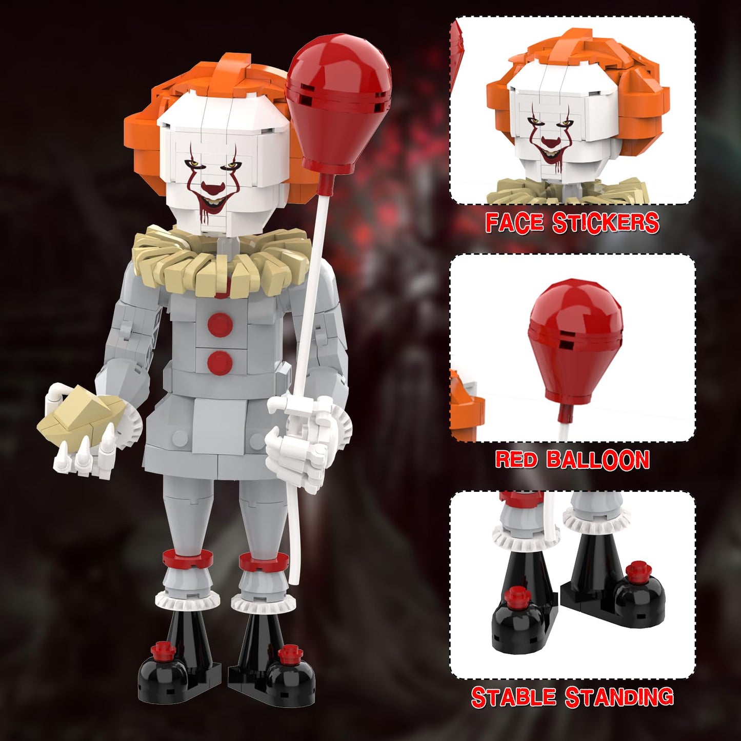 aphpaio Pennywise Clown Building Set, Horror IT Movie Merchandise Figure Building Kit, Creative Halloween Collectible Birthday Gift for Kids Teens Adults (299Pcs)