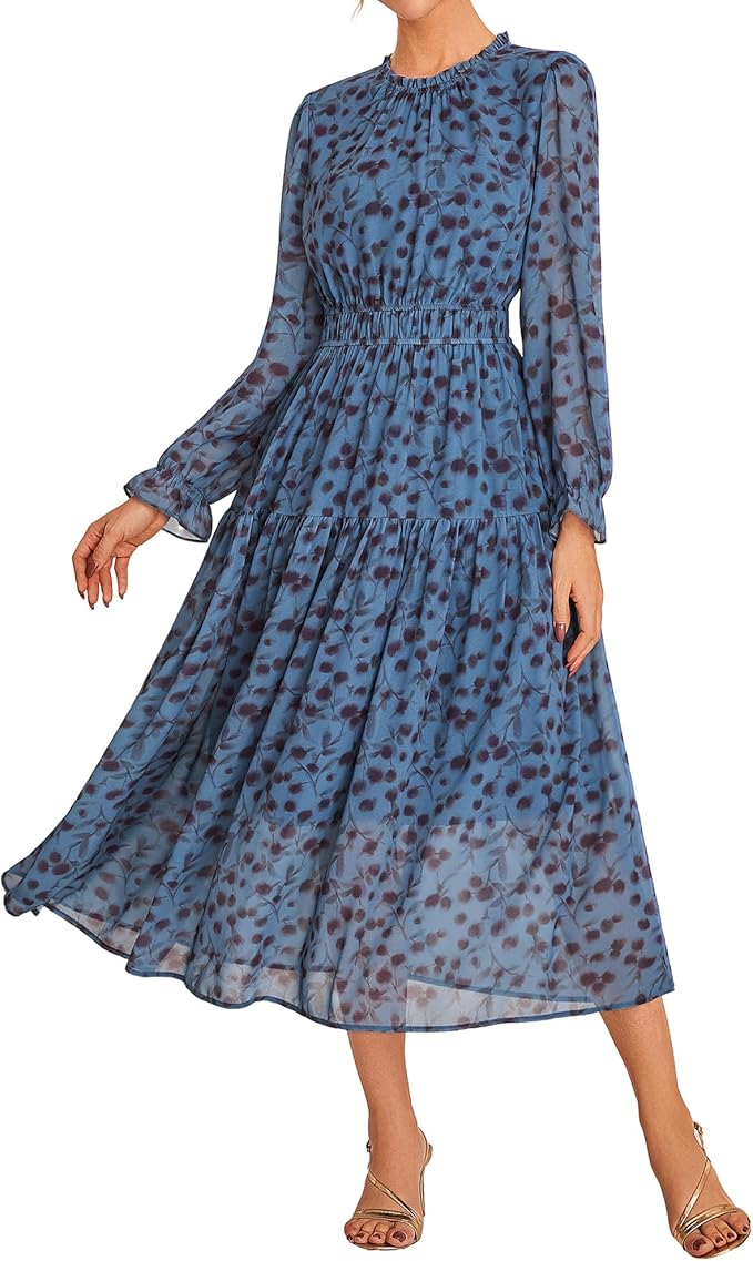 GRACE KARIN Women's Long Sleeve Maxi Dress 2026 Chiffon Flowy Wedding Guest Dresses Floral Dress with Pockets