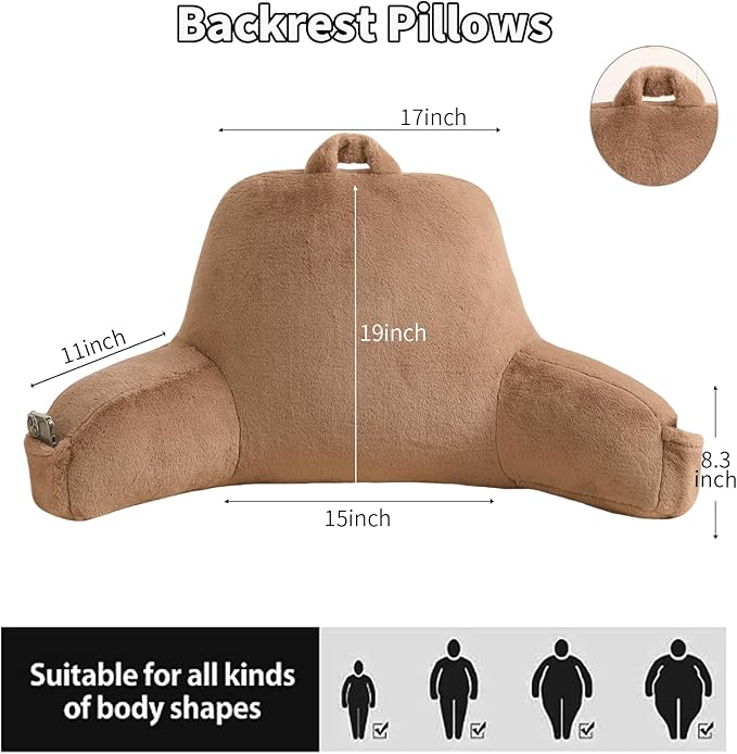 PAJEO Reading Pillow for Sitting in Bed, Large Backrest Reading Pillow with Arm Rest,Back-Rest Support Cushion for Sit Up on Couch, Sofa, and Floor, Dorm Essentials (Khaki Faux Fur, Large(19"))